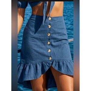 WET | WET Linen Steel Blue Button-Front Hi-Low Skirt | Swimsuit Cover-Up NWT M